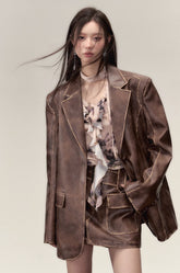 Heavy color PU leather jacket and leather skirt two-piece suit